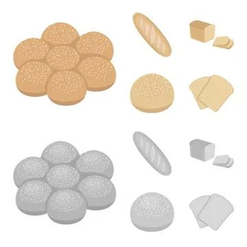 Cut loaf, bread roll with powder, half of bread, baking.Bread set collection Illustrazione stock