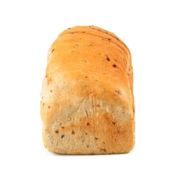 The cut loaf of bread on white Stock Photos