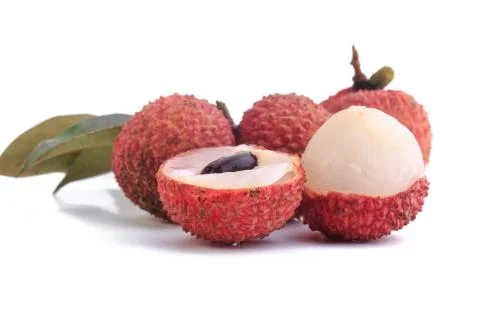 Cut lychee isolated on white Stock Photos