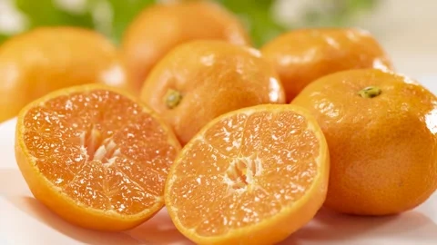 Cut Mandarin Orange Halves, Citrus Fruit Close-Up Stock Footage 341774878
