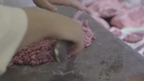 Cut meat, hamburger in the kitchen, butcher shop Stock Footage 132464347