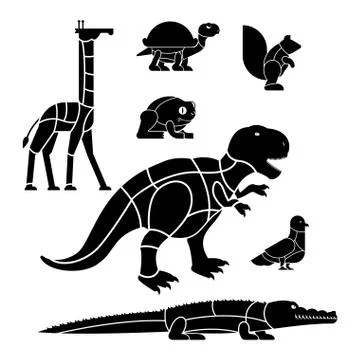 Cut of meat set beast Giraffe and squirrel. Dinosaur and pigeon. silhouette s Stock Illustration