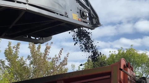 A cut of the old asphalt moving along the conveyor into the back of a truck Stock-Footage 247268374