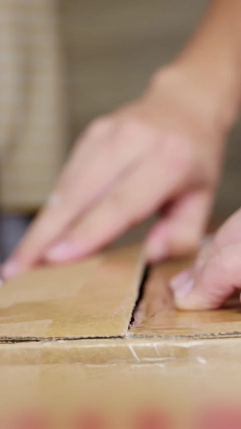 Cut open delivery parcel with knife. Unpack cardboard box using cutting tool. Stock Footage 344831712
