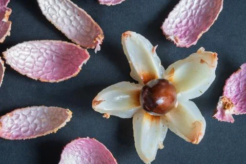 Cut open fresh lychee fruit slide pan 库存照片