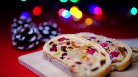 Cut open German Stollen cake, Christmas time Stock Footage 259857297