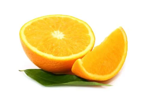 Cut orange with leaf Stock Photos