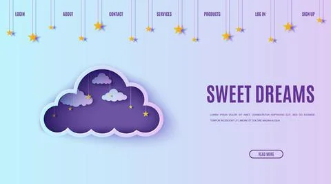 Cut out 3d vector website template with cloud frame and gold stars on rope Stock Illustration