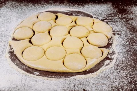 Cut out dough circles for making buns, dounuts. Stock Photos