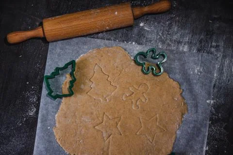 Cut out gingerbread cookie in the form of a Christmas tree, star, little man, Stock Photos
