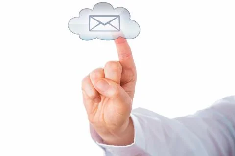 Cut Out Of A Hand Touching A Cloud Email Button Stock Photos