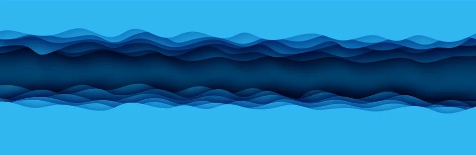 Cut out horizontal deep ocean floor waves rift top view. Blue color layers Stock Illustration