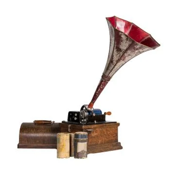 Cut out Old phonograph with three cylinder records, includes clipping path Stock Photos