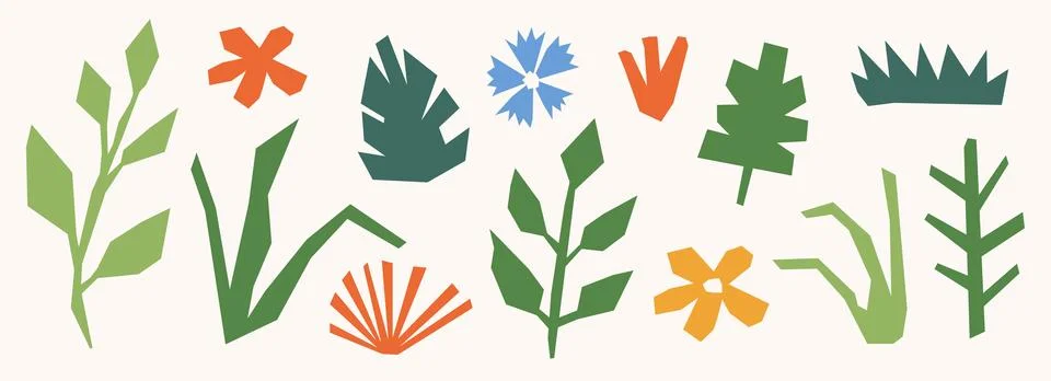 Cut out organic paper elements collection. Colorful abstract floral collage Illustrazione stock