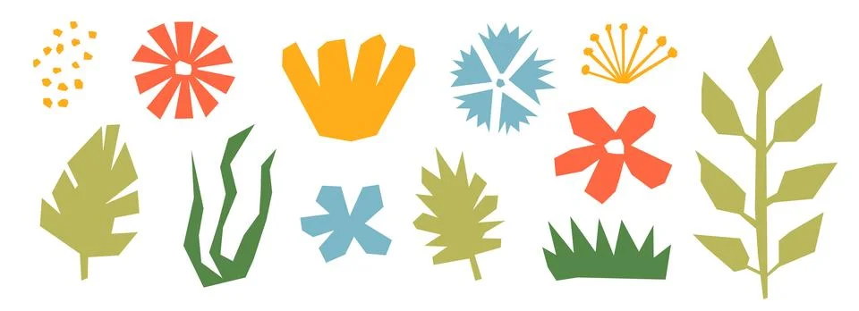 Cut out organic paper elements collection. Colorful abstract floral collage Stock Illustration