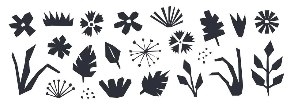 Cut out organic paper elements collection. Black abstract floral collage shape Stock Illustration