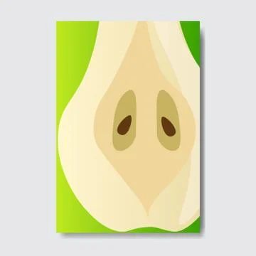 Cut pear template card, slice fresh fruit poster on white background, magazine Stock Illustration