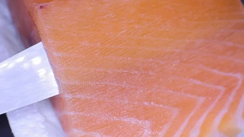 Cut off piece of salmon  Stock Footage 82794811