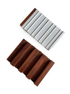 Cut pieces of wood-patterned PVC wall panel Stock Photos
