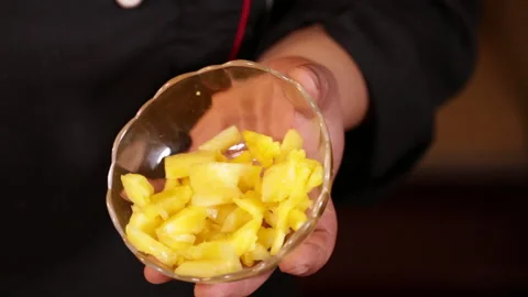 Cut pineapple into pieces with pineapple pulp (1) Stock Footage 202155693