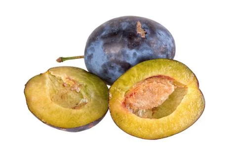 Cut plums on a white background Stock Photos
