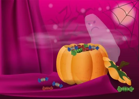 Cut pumpkin candy with bringing back among the draping of fabric on the backg Stock Illustration