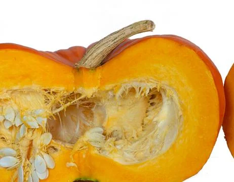 Cut pumpkin on a white background. Pumpkin isolate. Vegetable cut in half. .. Stock Photos