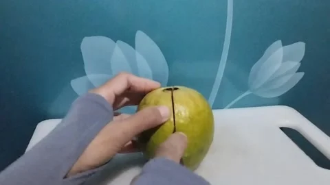 Cut the red crystal guava fruit with a knife Stock Footage 229253058