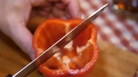 Cut Red Pepper on Board with Knife. Cooking Salad at Home. Preparing Homemade. Vídeos de archivo 127785288