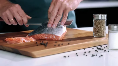 Cut the salmon Stock Footage 169756669