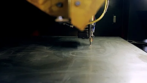 Cut sheet metal at workshop. Modern tool in heavy industry. Dangerous job. Stock Footage 91074404