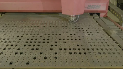 Cut sheet metal at workshop. Modern tool in heavy industry. Stock Footage 126898821