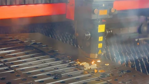 Cut sheet metal at workshop. Modern tool in heavy industry. Dangerous job. High Видео 127737176
