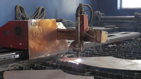 Cut sheet metal at workshop. Modern tool in heavy industry. Dangerous job. High Video stock 142892684