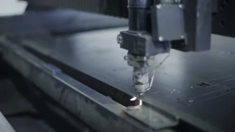 Cut sheet metal at workshop. Modern tool in heavy industry. Dangerous job. High Video stock 199487709