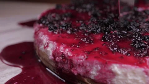 Cut slice of raspberry pie cake slow motion  Stock Footage 150457643