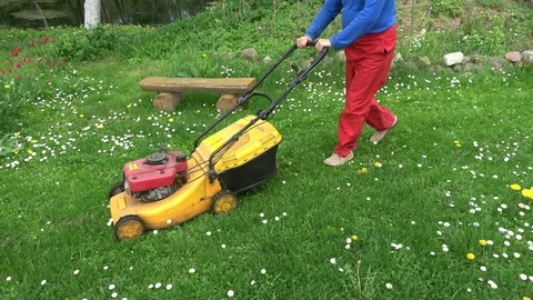 Cut spring grass with lawn mower Stock-Footage 91309562