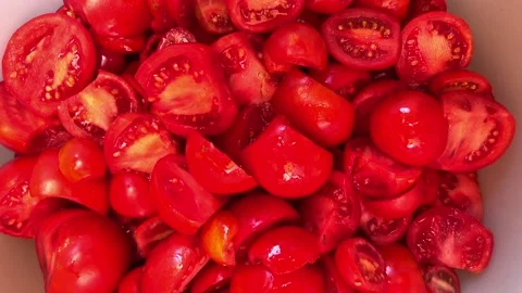Cut tomato harvested in container Stock Footage 220945119