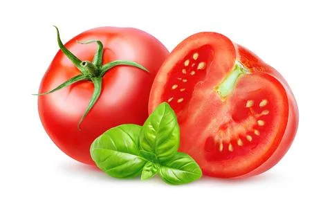 Cut tomatoes and leaf of basil, isolated on white Stock Photos
