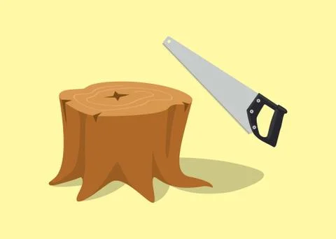 Cut tree log with root using saw metal manual Stock Illustration