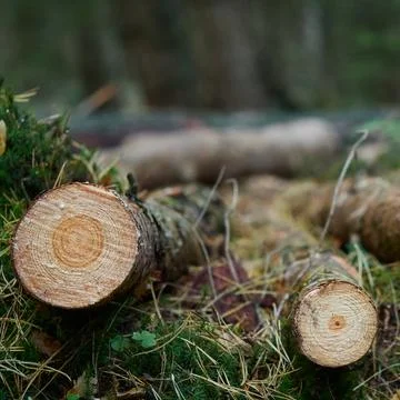 Cut tree logs in forest close up Stock Photos