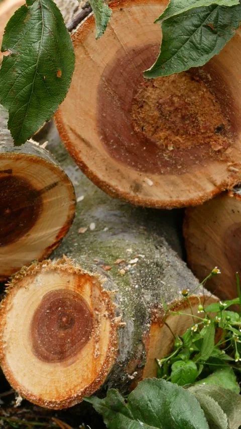 Cut trunks of fruit trees, logs in the garden. Sanitary pruning of the garden Stock Footage 308028356