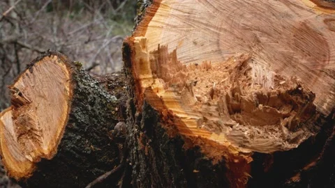 A cut of two trees that have just been cut down in the park, in the forest Stock Footage 231574175