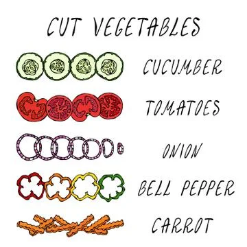 Cut Vegetable Set. Cucumber, Tomato, Onion Rings, Bell Pepper, Carrot. Coocing Stock Illustration