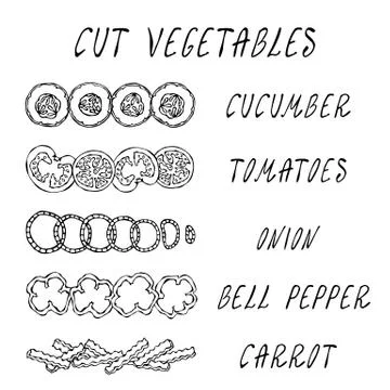 Cut Vegetable Set. Cucumber, Tomato, Onion Rings, Bell Pepper, Carrot. Coocin Stock-Illustration