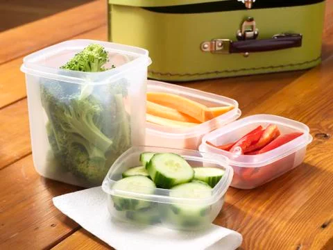 Cut Vegetables in Plastic Containers Stock Photos