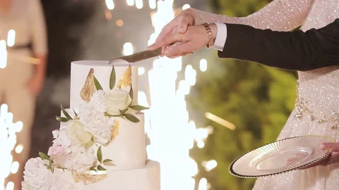 Cut the wedding cake. The bride and groom cut the wedding cake. Wedding cake Stock Footage 196003245
