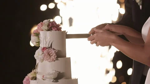 Cut the wedding cake. The bride and groom cut the wedding cake. Wedding cake Video stock 196004431