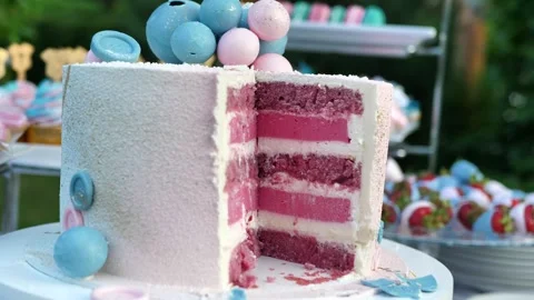 Cutaway cake. Candy bar for gender discovery party. Sweet buffet for serving Stock Footage 242872540