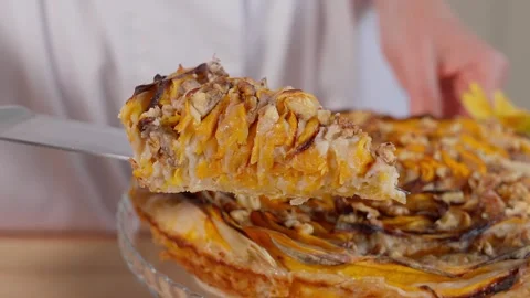 Cutaway demonstration of pumpkin pie. Stock Footage 253995083